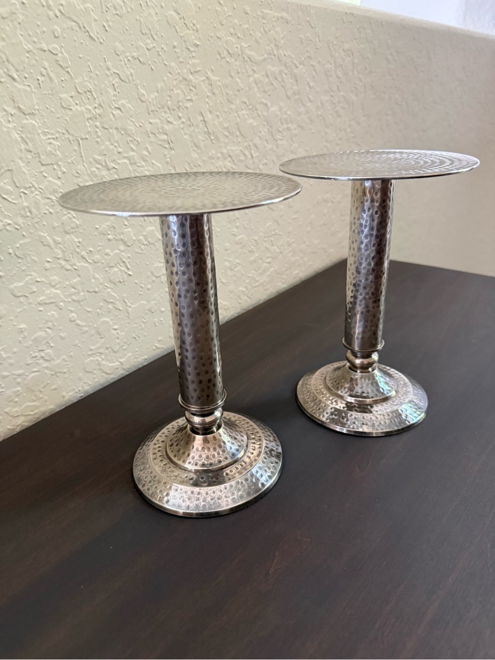 Pair Hammered Silver Metal Pillar Candle Holders Pedestal Stands 8” Moroccan